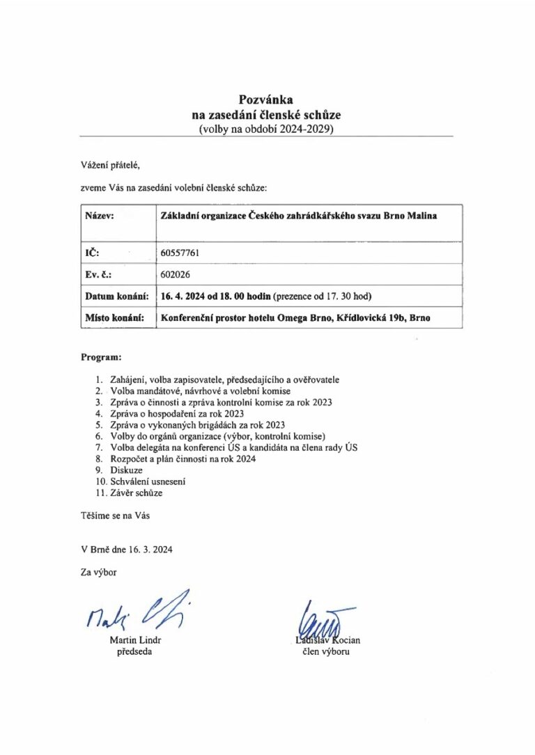 Členská schůze 16.4. 2024