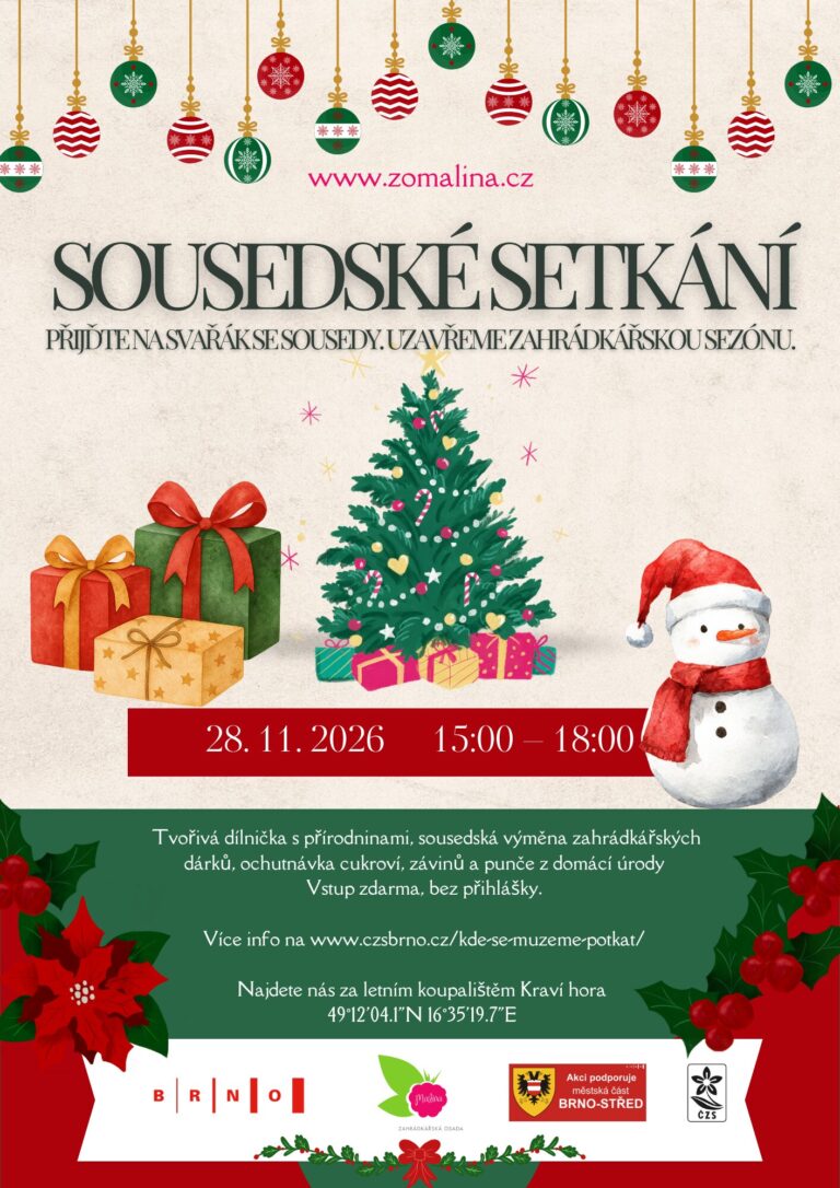 Letáček k akci Sousedské setkání na osadě Malina 28. 11. 2026